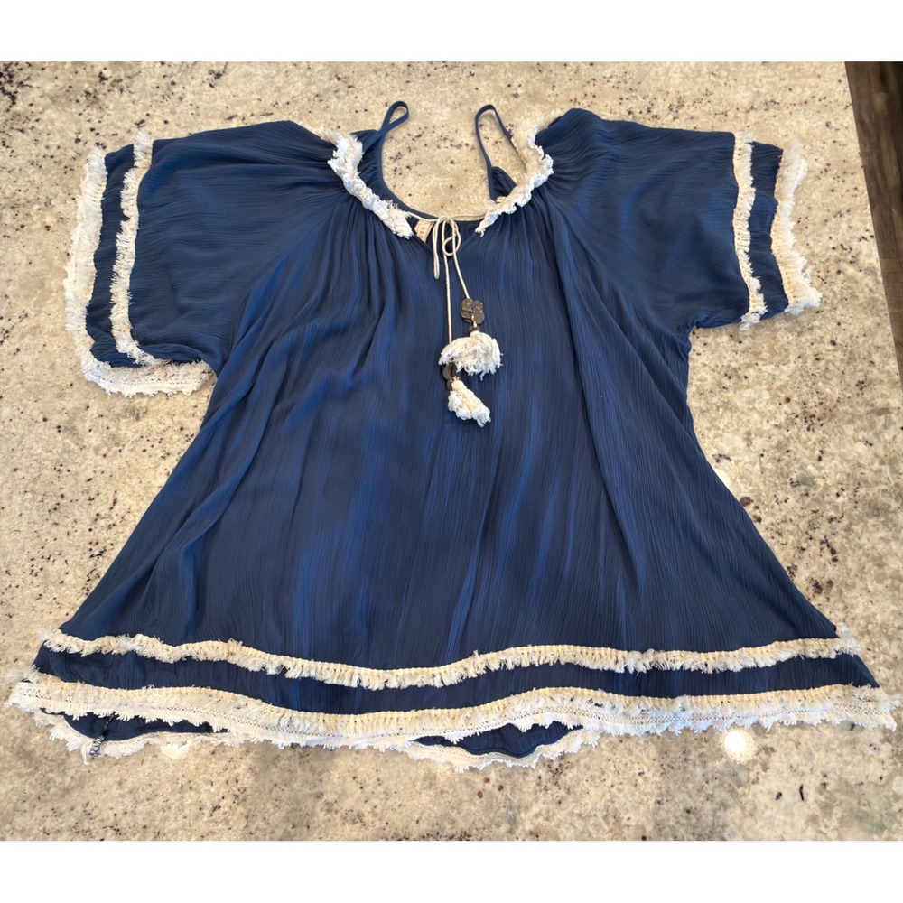 RAGA Blue Boho Peasant Top Size S Fringe Trim Tassel‎ Tie